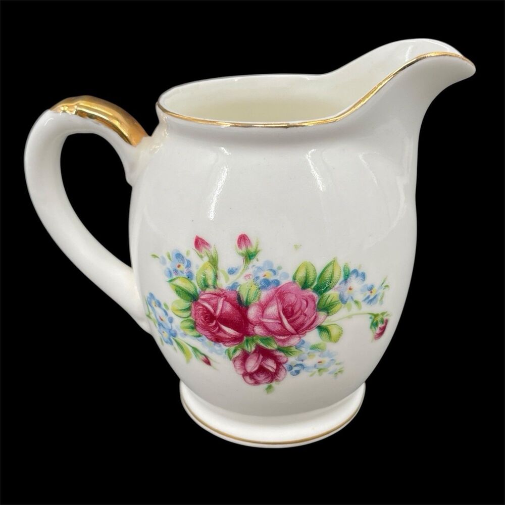Porcelain Creamer Pink Roses Gold Trim Bone China Japan E Backstamp 4" Vintage